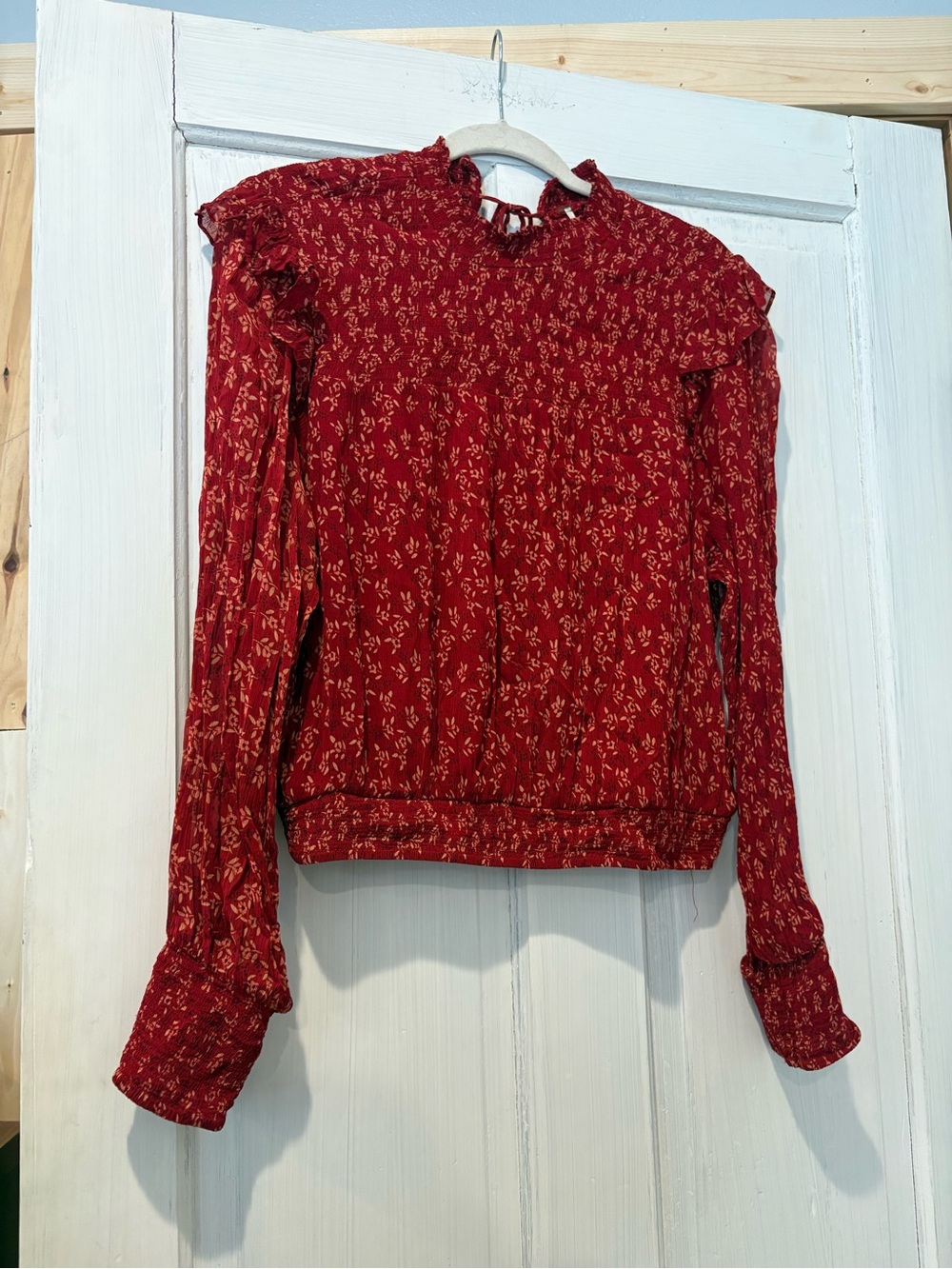 Free people Red Floral Long-Sleeve Ruffle Neck Top